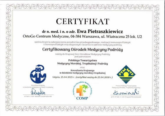Zostaliśmy Certyfikowanym Ośrodkiem Medycyny Podróży.